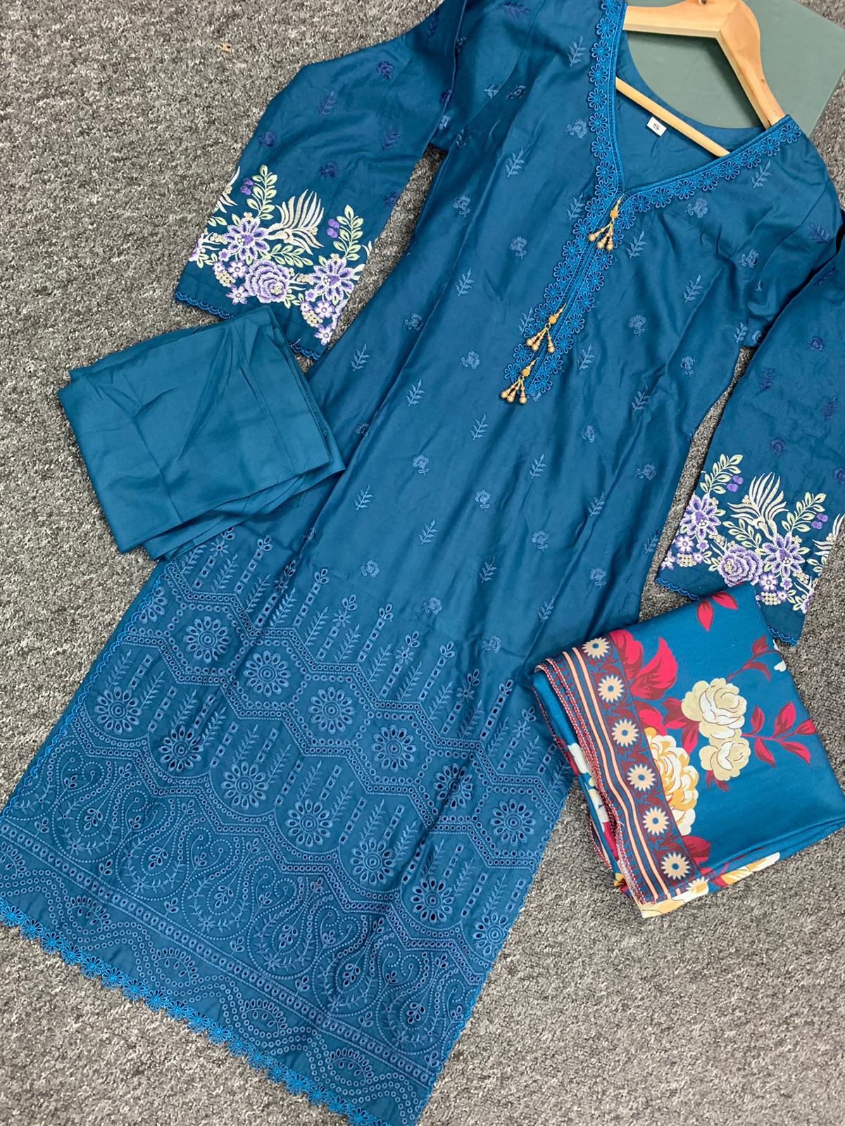 S Creations ‘Iris’ | Embroidered Dhanak Readymade | SC153 (Teal)