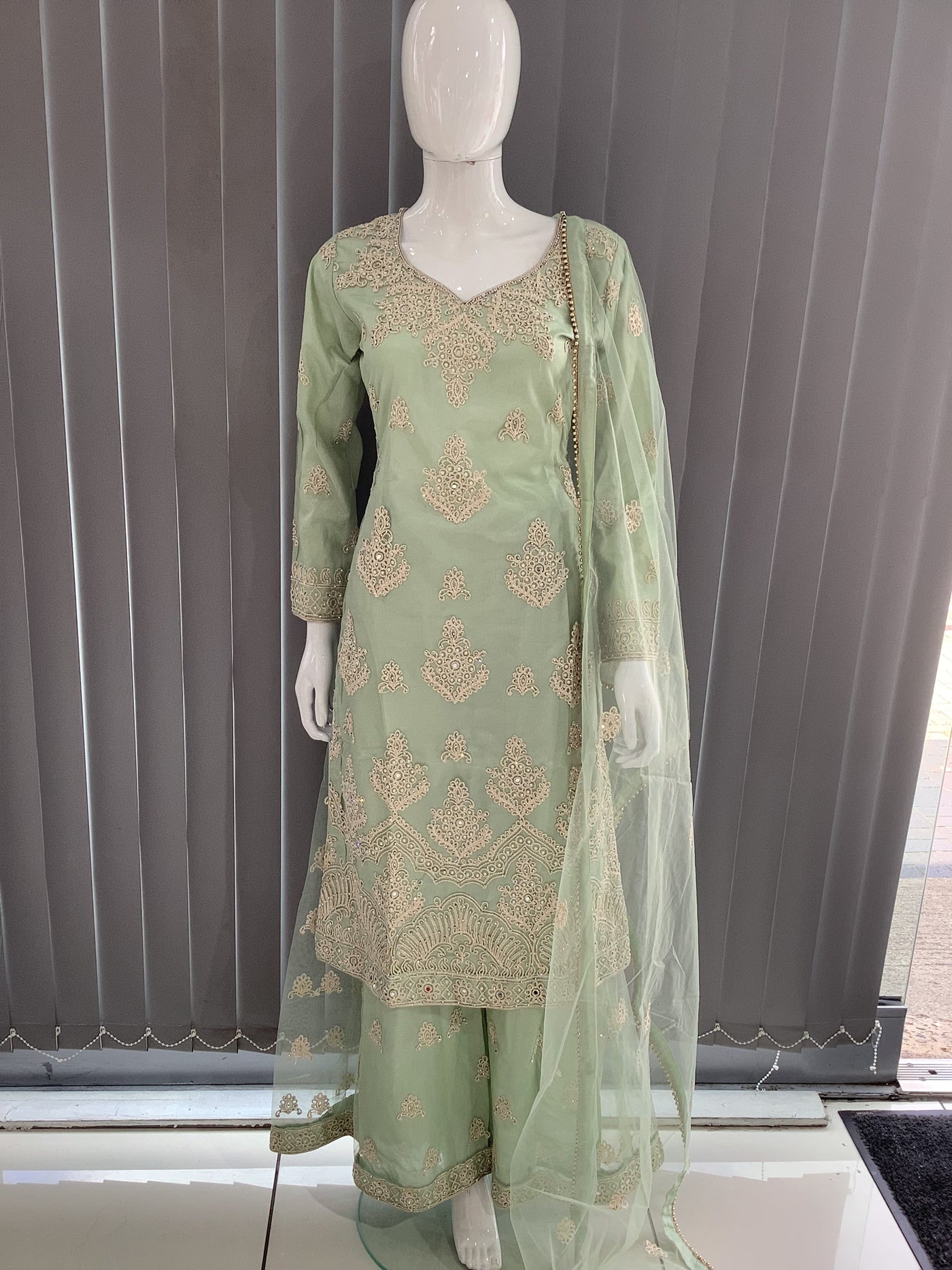 ASHA | Embroidered Net Dori Work Mother & Daughter Dress Ready To Wear Light Green| AS67