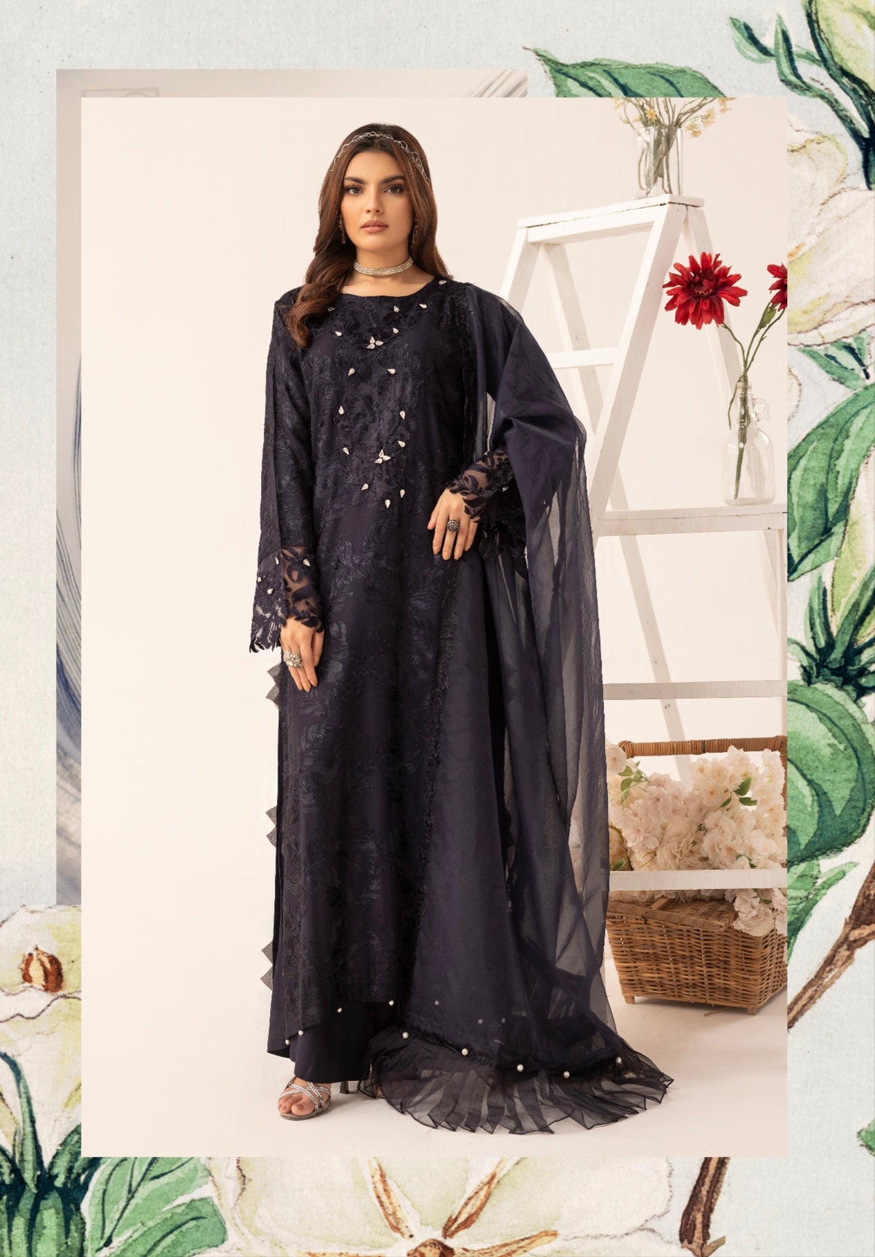 SIMRANS ‘Nakhra 8.0’ | Embroidered Linen Readymade | SM750 (Navy)