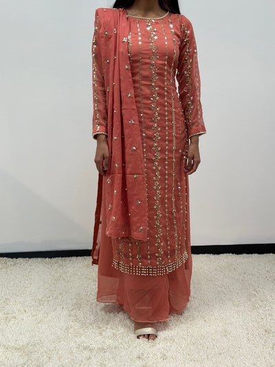 S Creations | Embroidered Chiffon Mother & Daughter Readymade | SC084 (Salmon Pink)