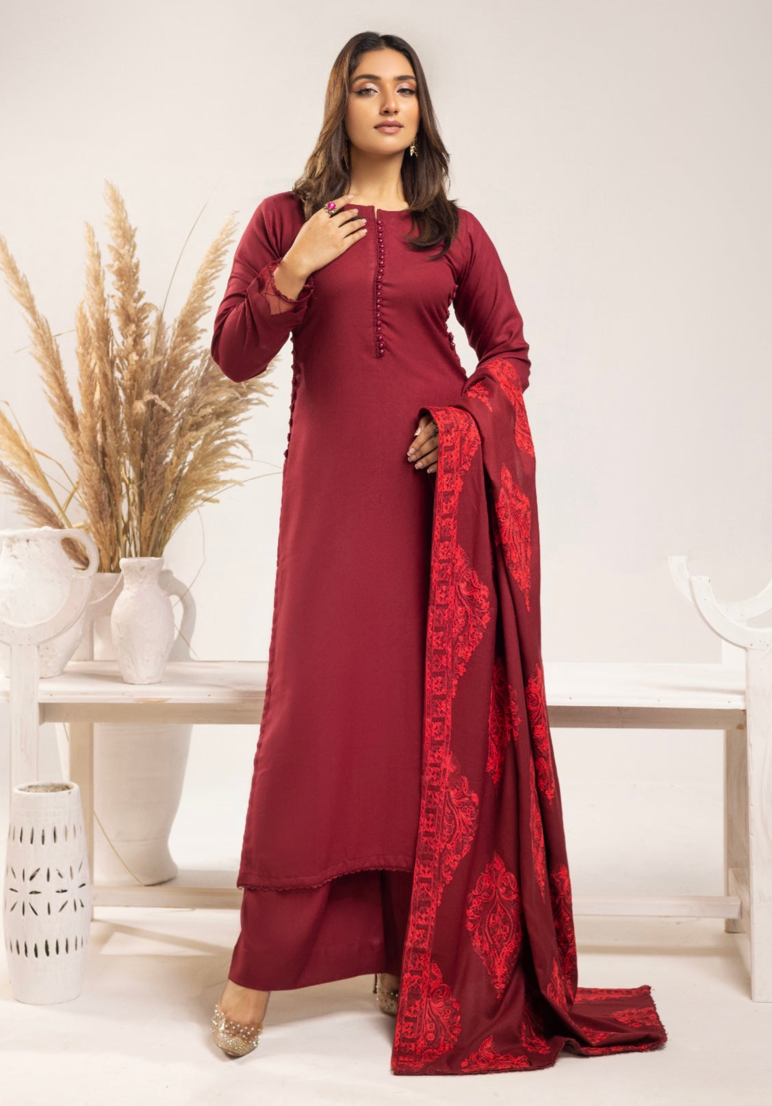 SIMRANS ‘Azure’ | Embroidered Dhanak Readymade | SM733 (Maroon)