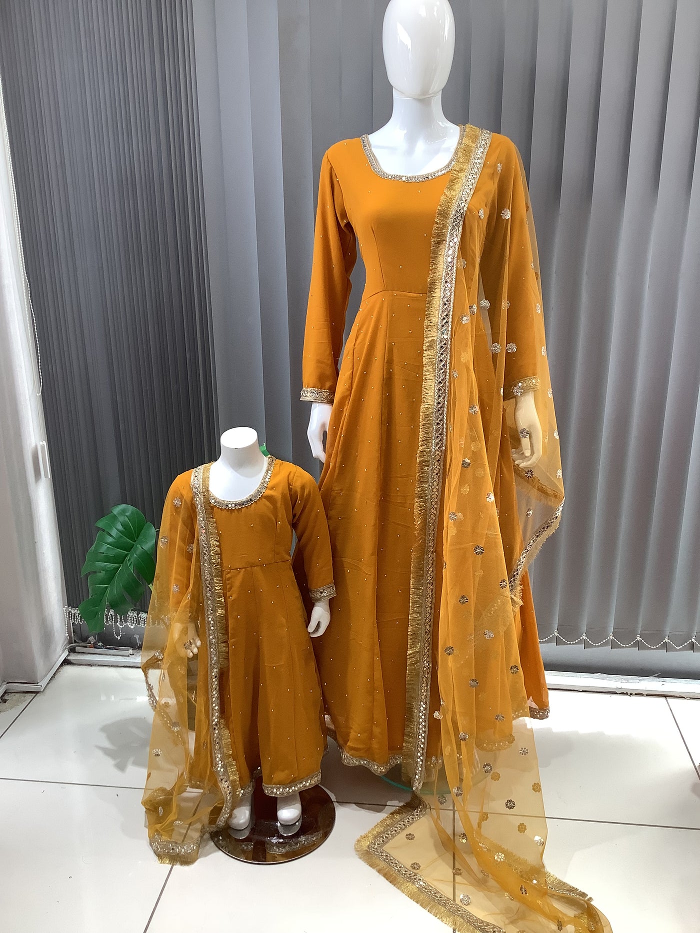 ASHA | Embroidered Chiffon Dress Mother & Daughter Readymade Mustard | AS63