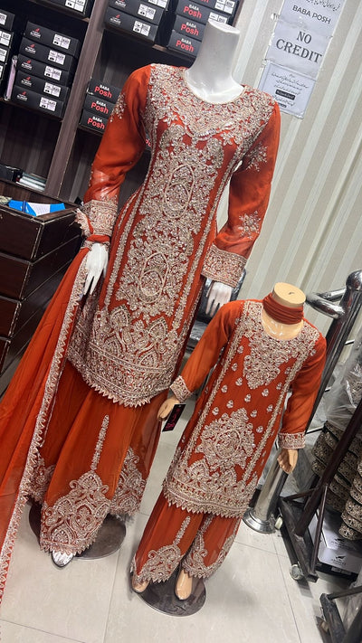 ShaZaib | Embroidered Chiffon Shararah Mother & Daughter Readymade | SZ197 (Orange)