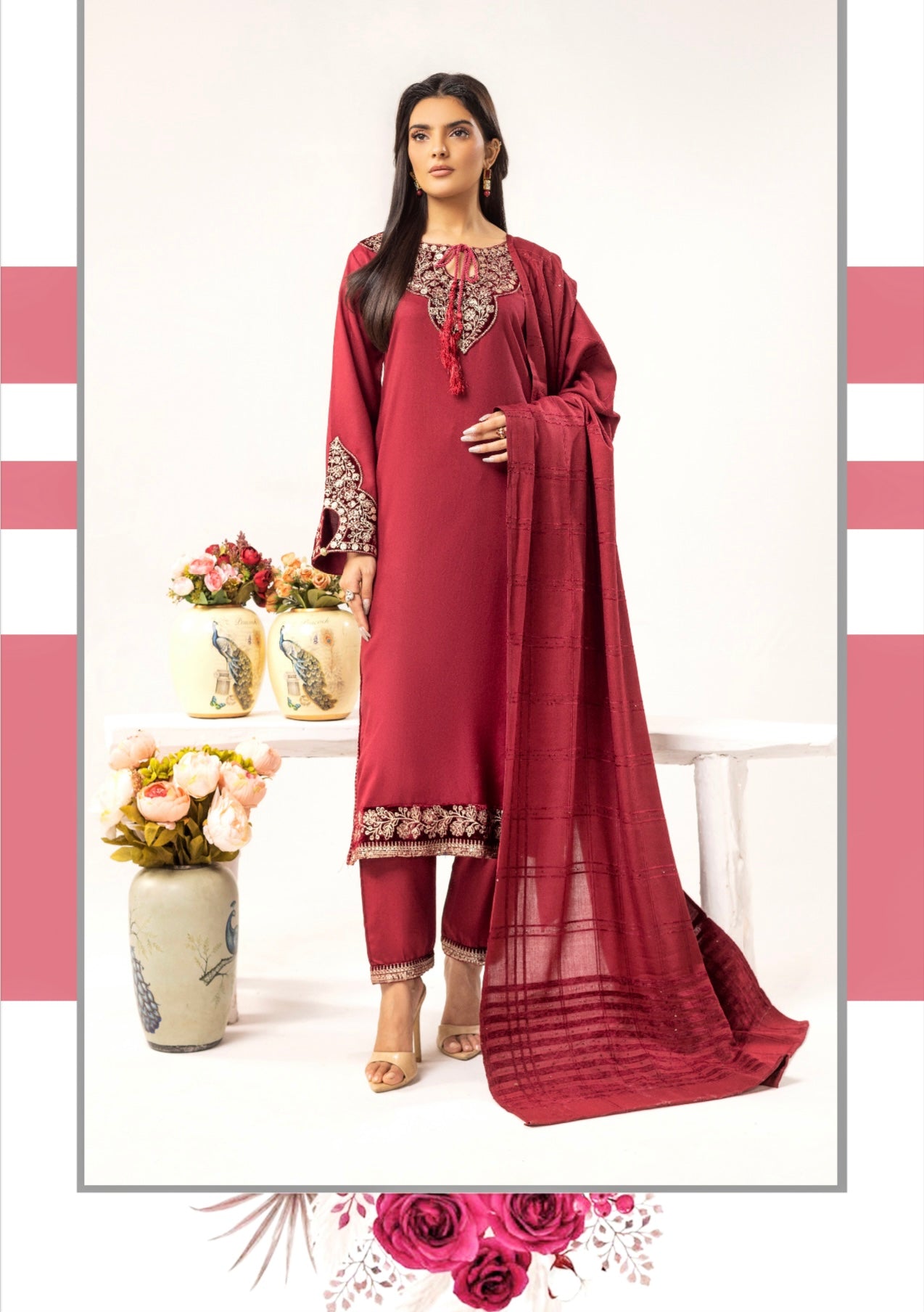 SIMRANS ‘Haniya B’ | Embroidered Dhanak Readymade | SM731 (Maroon)