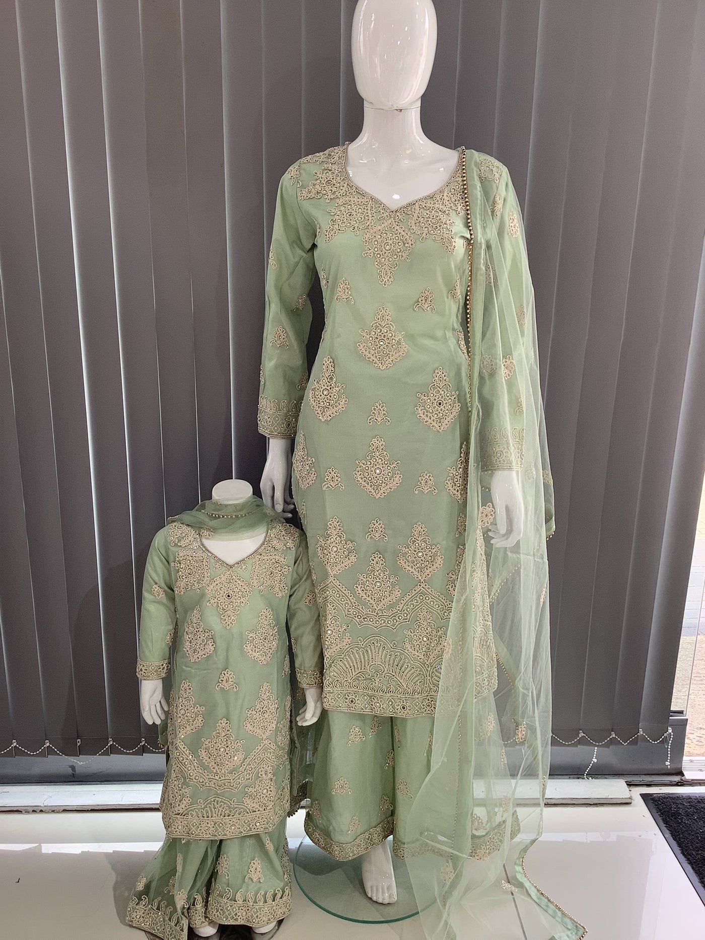 ASHA | Embroidered Net Dori Work Mother & Daughter Dress Ready To Wear Light Green| AS67