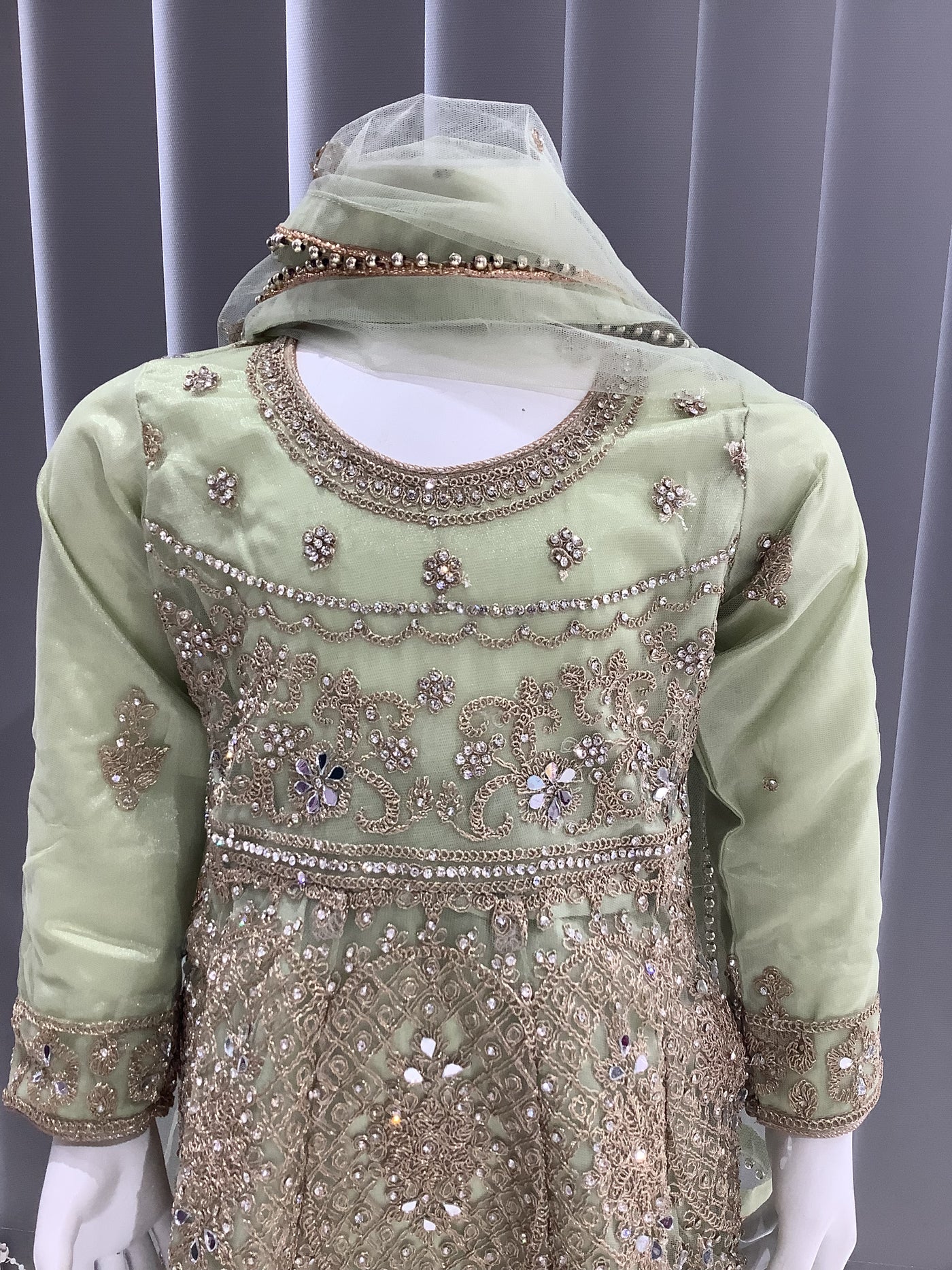 ASHA | Embroidered Net Dori Work Kids Dress Ready To WearMint | AS62