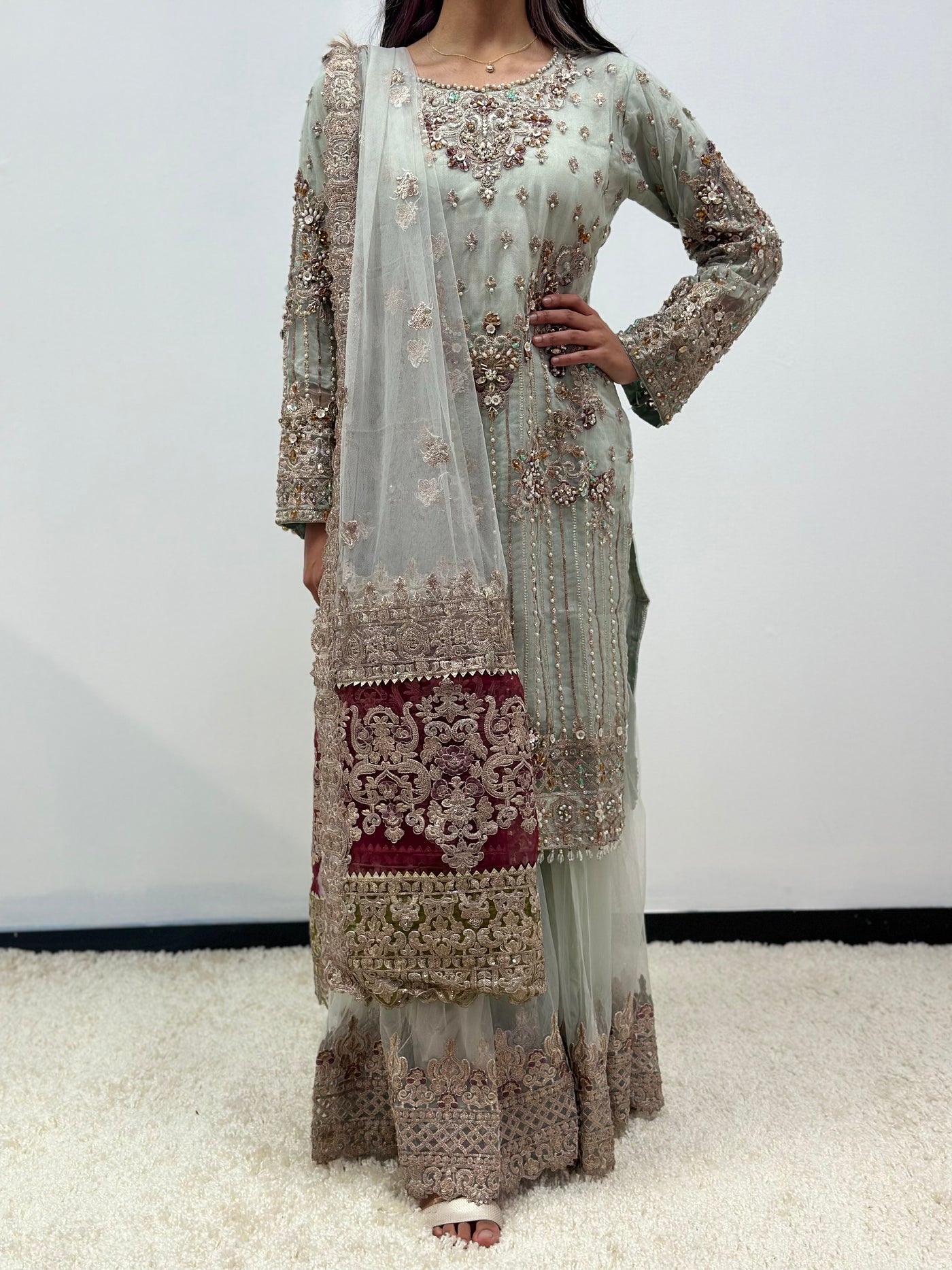 IMROZIA Inspired | Embroidered Net Readymade | JS159 (Mint Green)