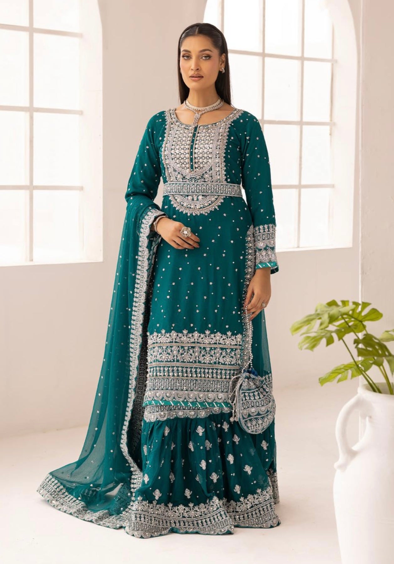 SIMRANS ‘Sanam’ | Embroidered Chiffon Farshi Readymade | SM649 (Teal)