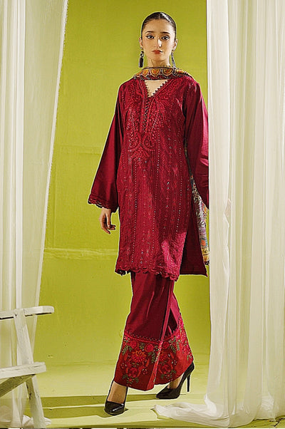 SIMRANS ‘Maria’ | Embroidered Linen Readymade | SM751 (Maroon)