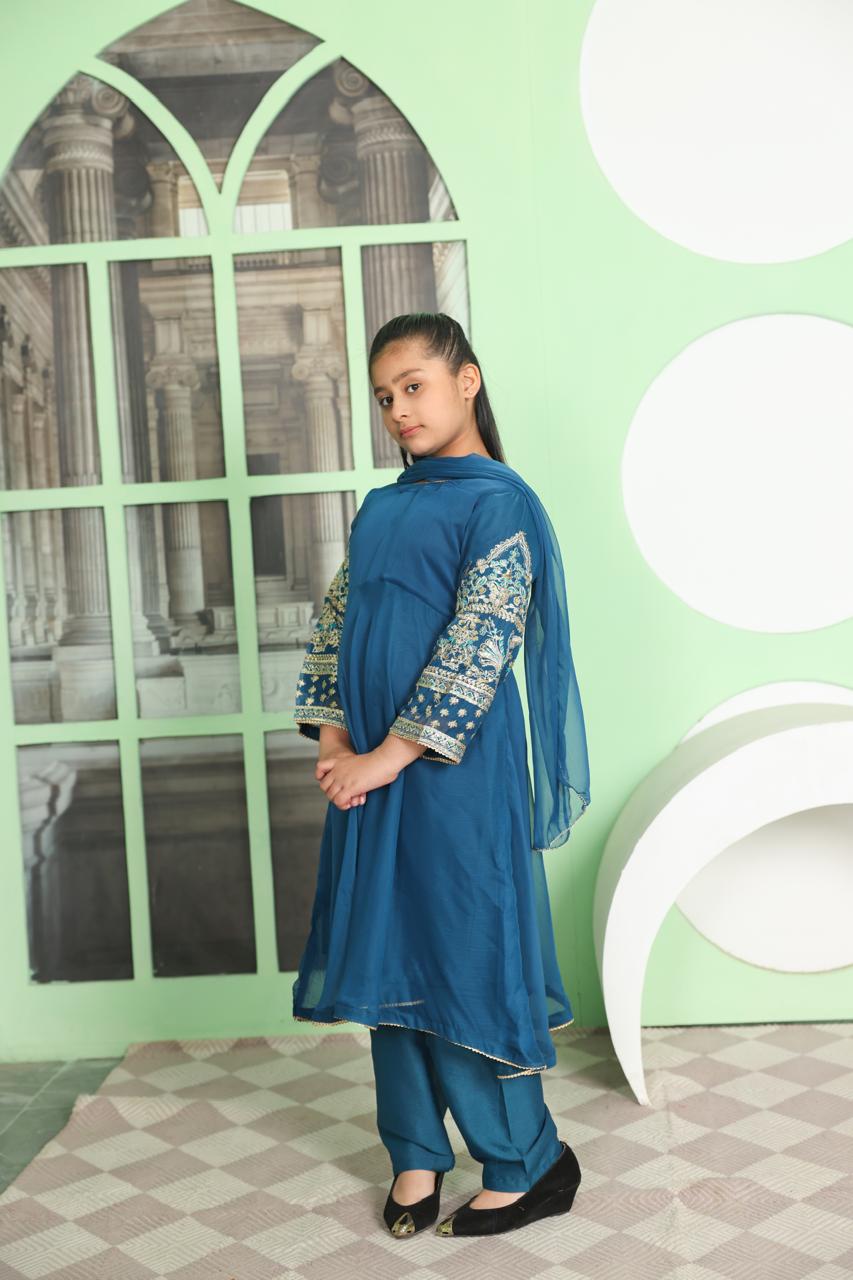 S Creations ‘Noreen’ | Embroidered Chiffon Mother & Daughter Readymade | SC162 (Teal)