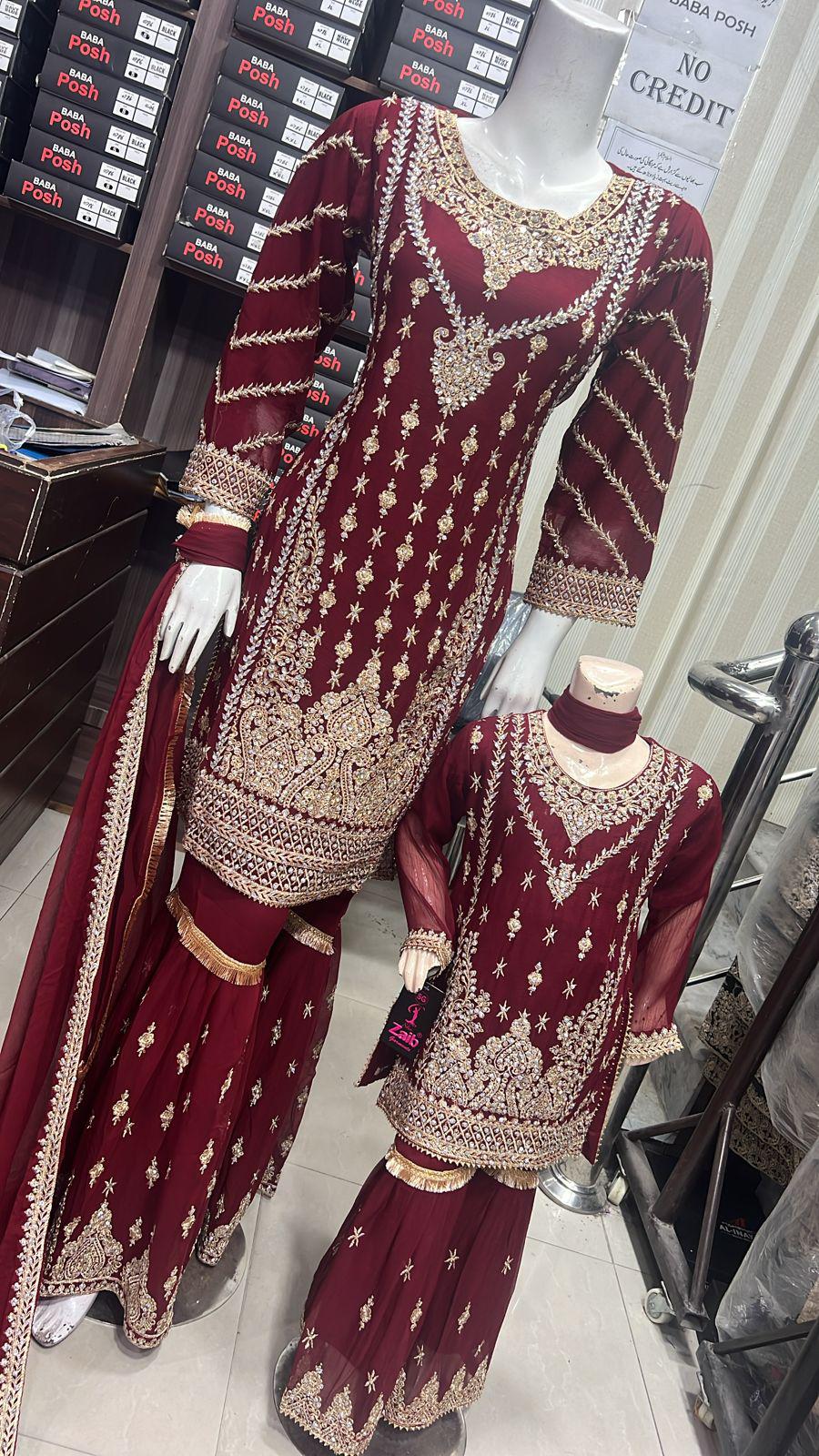 ShaZaib | Embroidered Chiffon Shararah Mother & Daughter Readymade | SZ191 (Maroon)