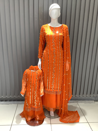 S Creations | Embroidered Chiffon Mother & Daughter Readymade | SC084 (Orange)