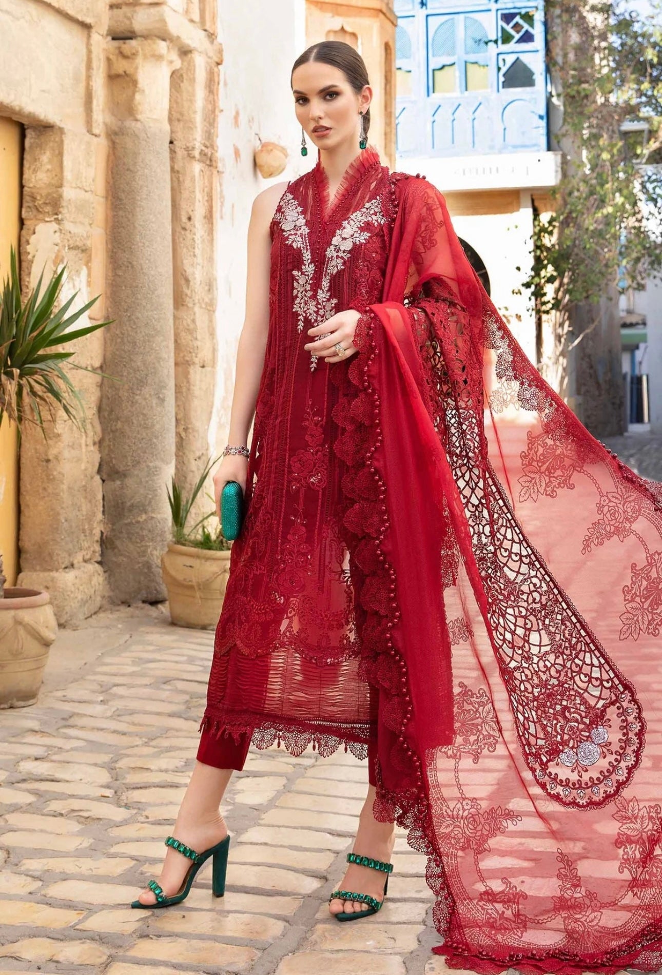 Maria B Inspired | Embroidered Cotton Readymade  | HT305 (Red)