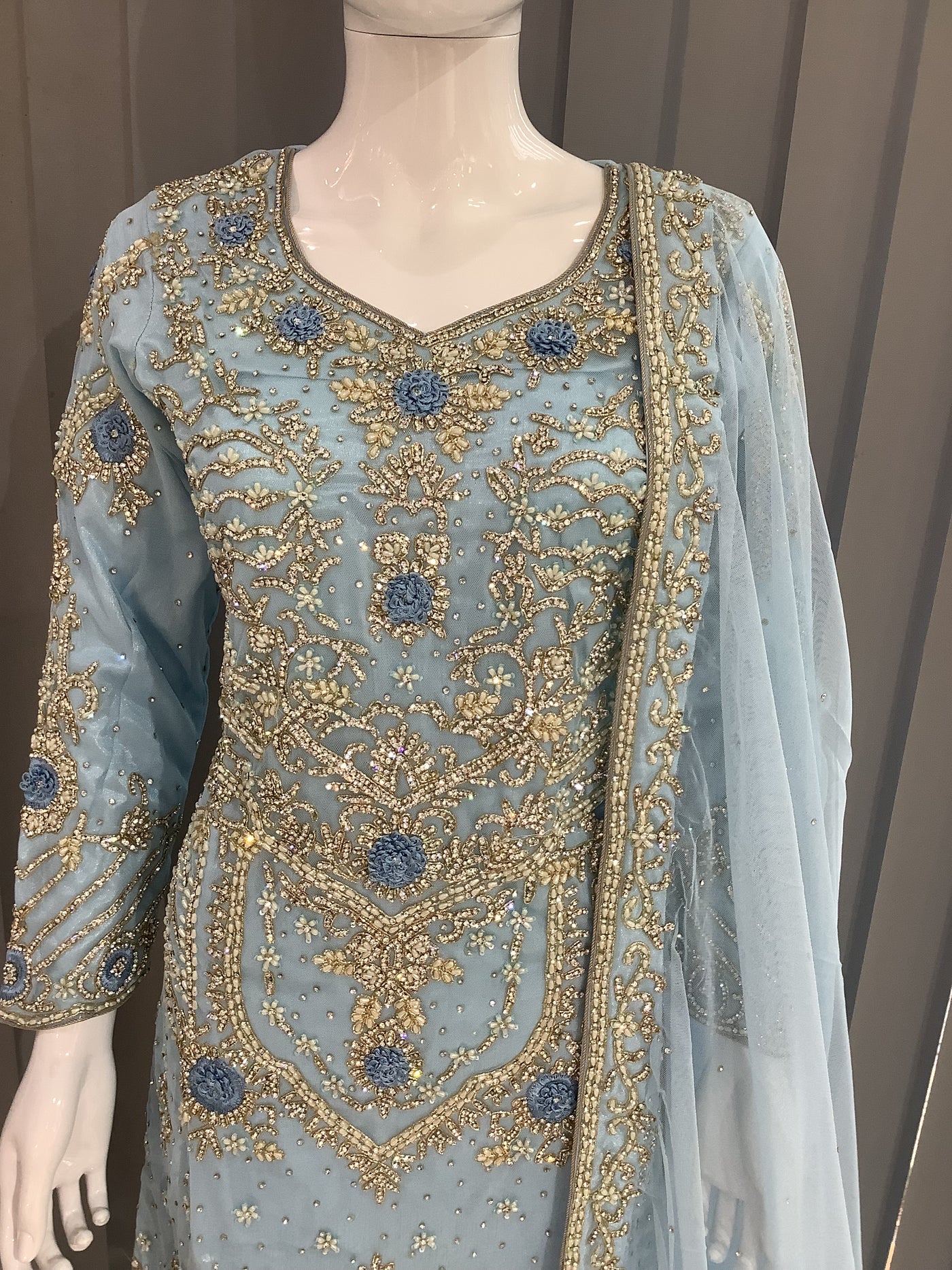 ASHA | Embroidered Dori Work Net Ready To Wear Light Blue | AS68