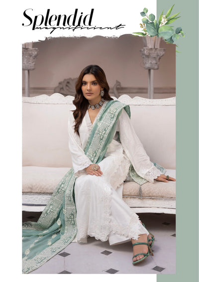 SIMRANS ‘Azure’ | Embroidered Sequence Linen Readymade | SM759 (White)