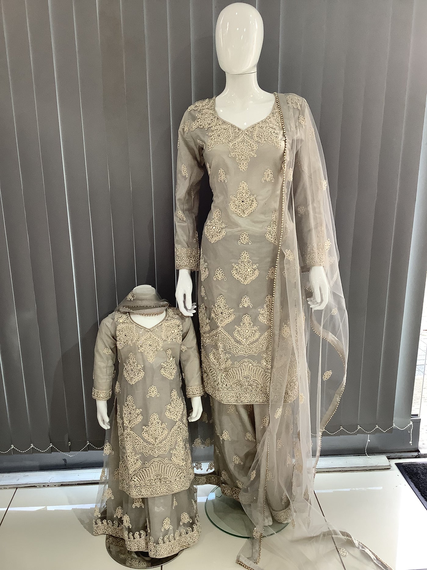 ASHA | Embroidered Net Dori Work Mother & Daughter Dress Ready To Wear Grey| AS67