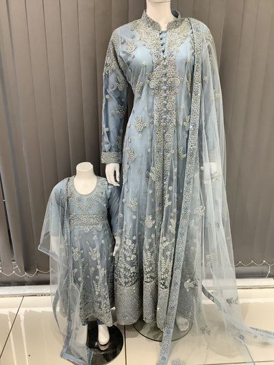 ASHA | Embroidered Net Mother & Daughter Ready To Wear light Blue | AS75