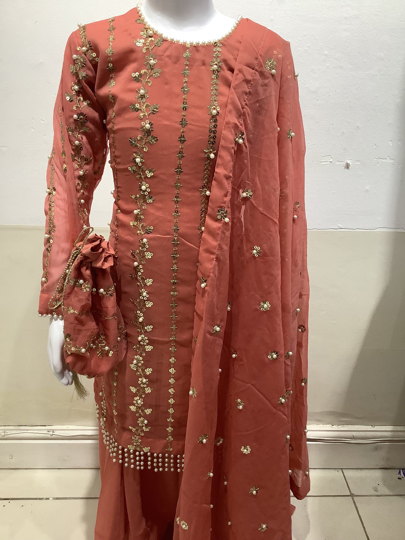 S Creations | Embroidered Chiffon Mother & Daughter Readymade | SC084 (Salmon Pink)