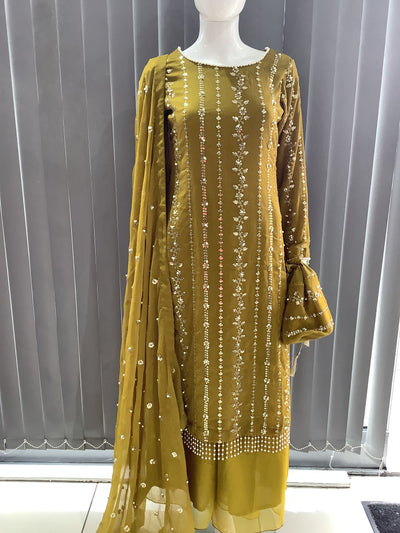 S Creations | Embroidered Chiffon Mother & Daughter Readymade | SC084 (Olive)