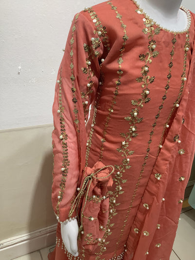 S Creations | Embroidered Chiffon Mother & Daughter Readymade | SC084 (Salmon Pink)