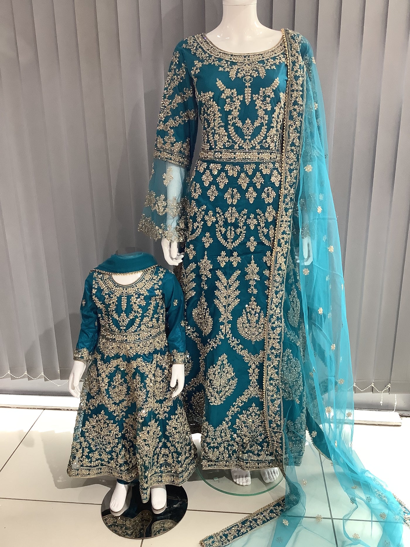 ASHA | Embroidered Net Dori Work Mother & Daughter Dress Ready To Wear Teal | AS59