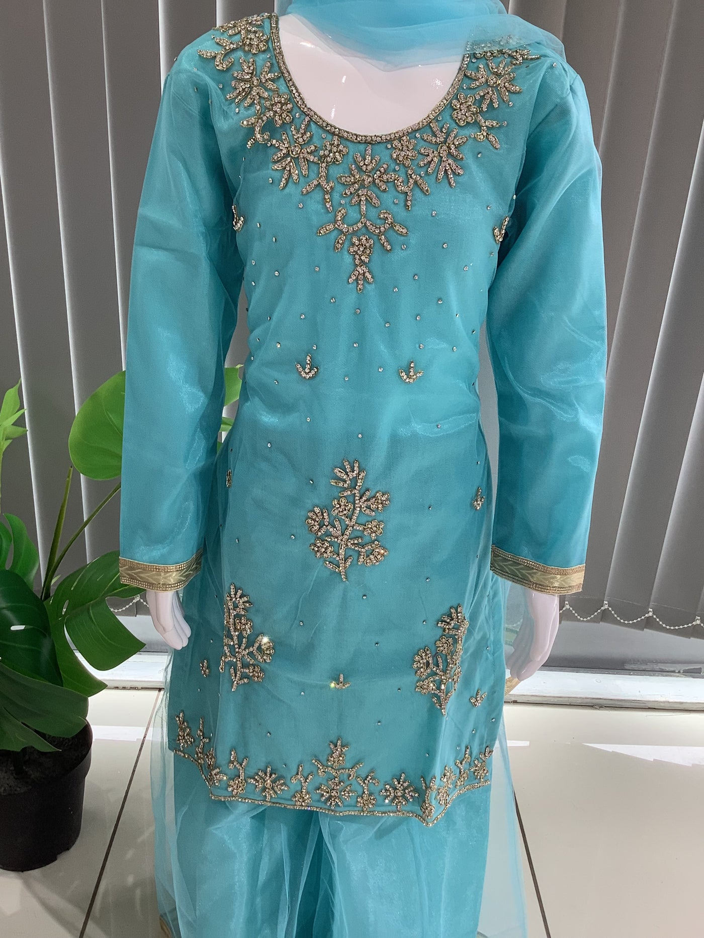 ASHA | Embroidered Hand Work Kids Ready To Wear Feroze Blue | AS61