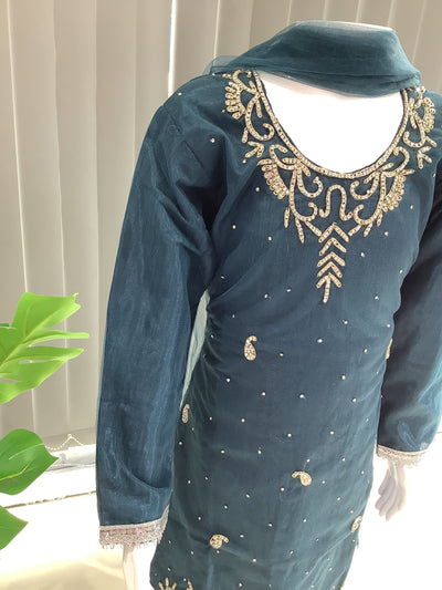 ASHA | Embroidered Hand Work Kids Ready To Wear Teal | AS61