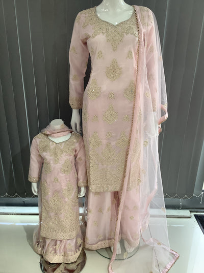 ASHA | Embroidered Net Dori Work Mother & Daughter Dress Ready To Wear Light Pink| AS67