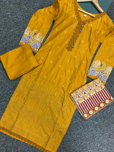 S Creations ‘Iris’ | Embroidered Dhanak Readymade | SC153 (Mustard)