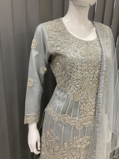 ASHA | Embroidered Net Mother & Daughter Ready To Wear Silver Grey | AS74