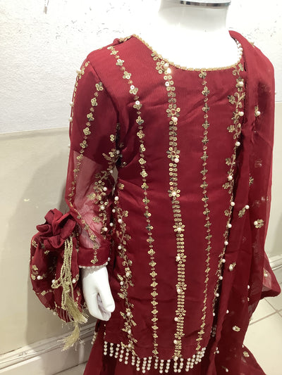 S Creations | Embroidered Chiffon Mother & Daughter Readymade | SC084 (Maroon)