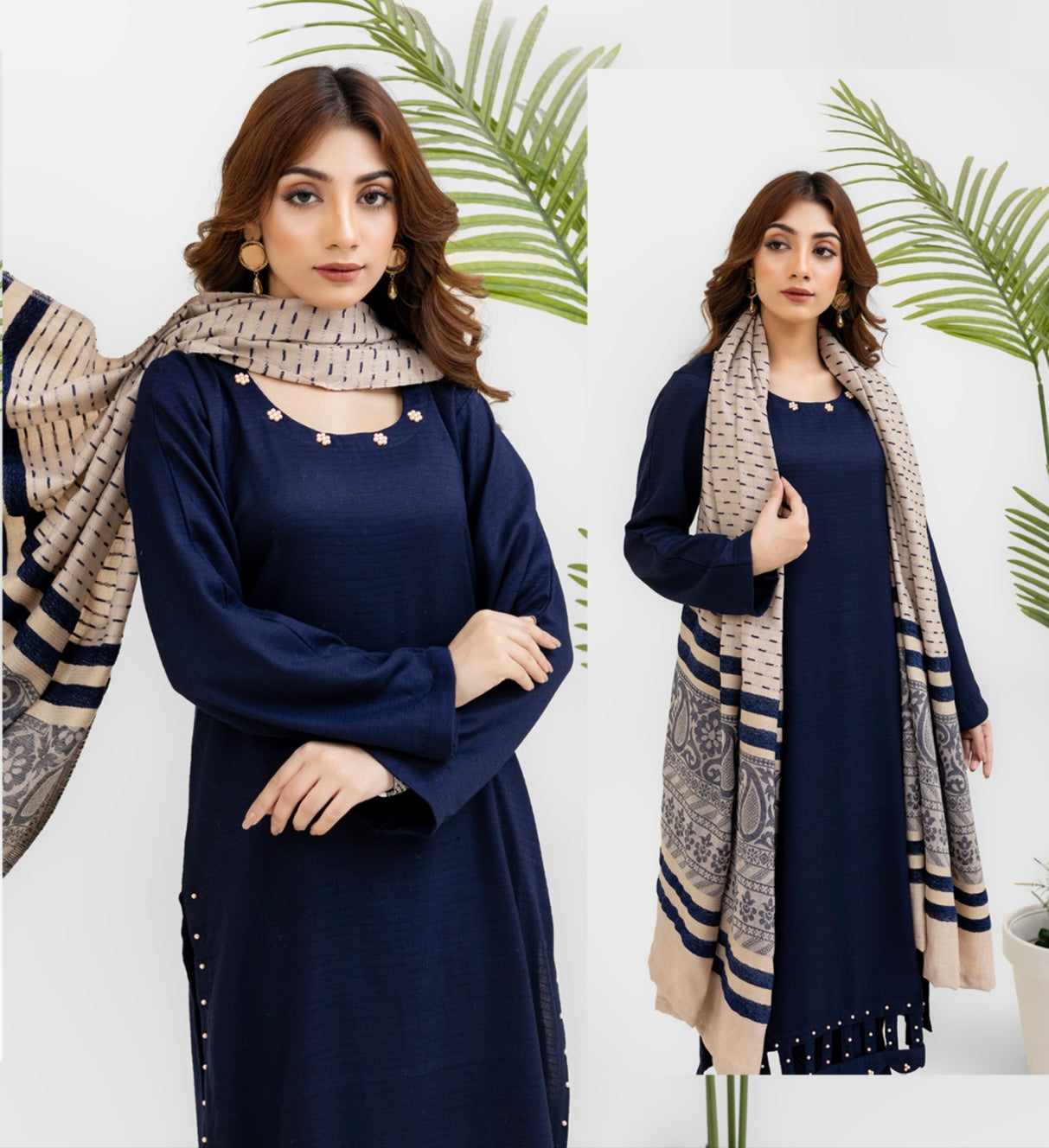 Navy Embroidered Dhanak Wool Shawl Readymade | RGZ013