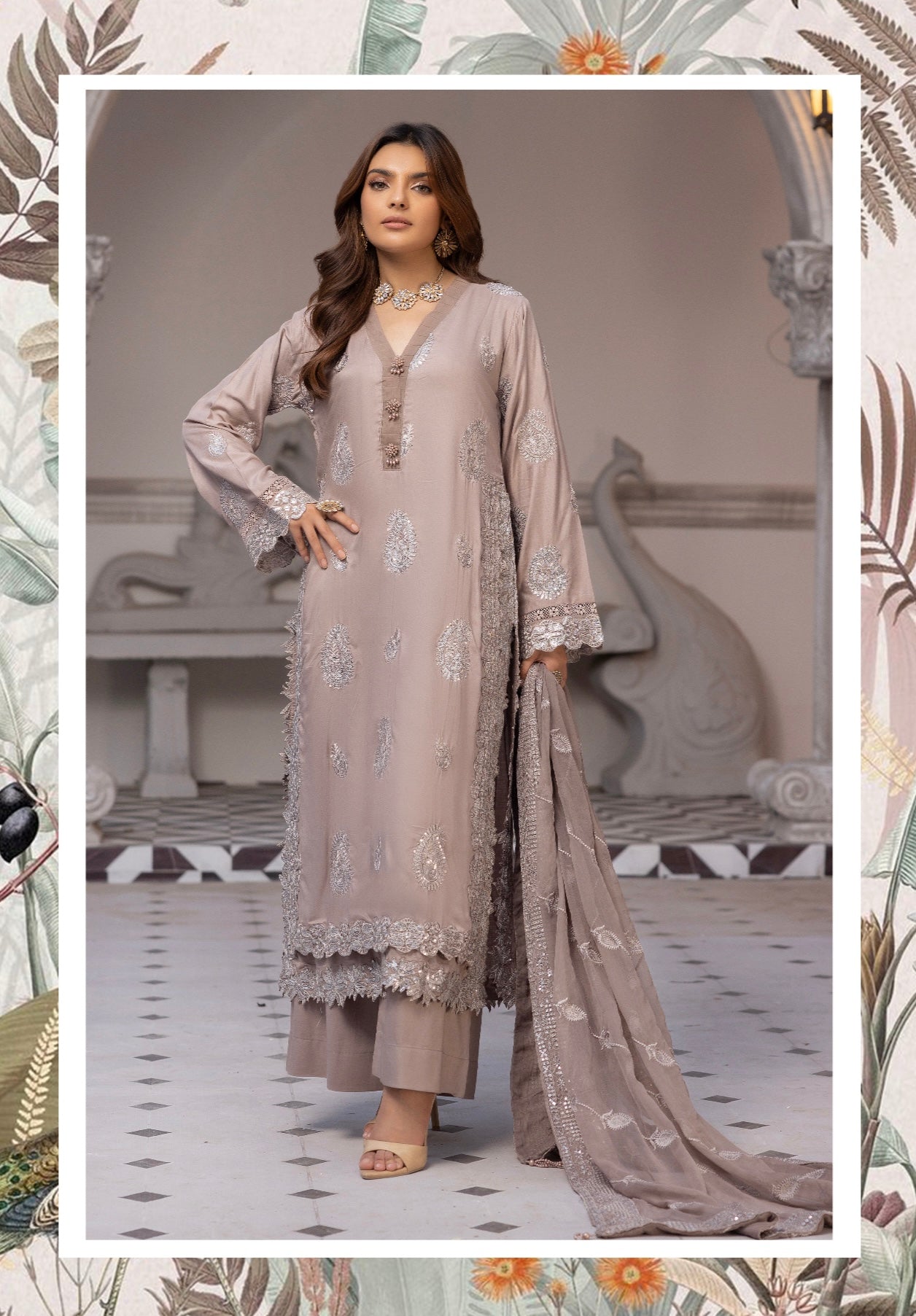 SIMRANS ‘Azure’ | Embroidered Sequence Linen Readymade | SM759 (Dusty Pink)