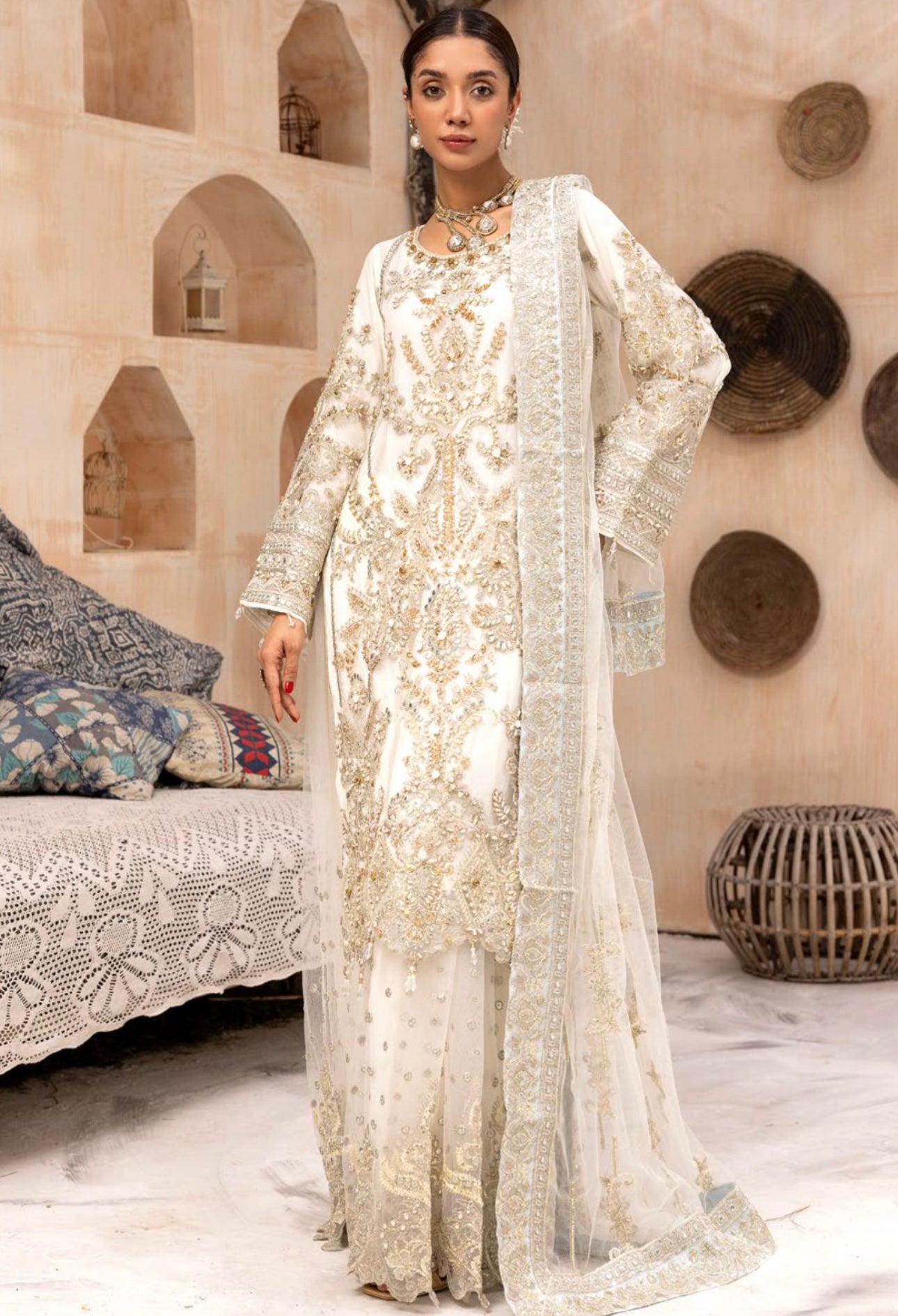 ‘Imrozia Inspired’ | Embroidered Net Readymade | SM686 (White)