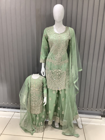 ASHA | Embroidered Net Mother & Daughter Ready To Wear Mint | AS74