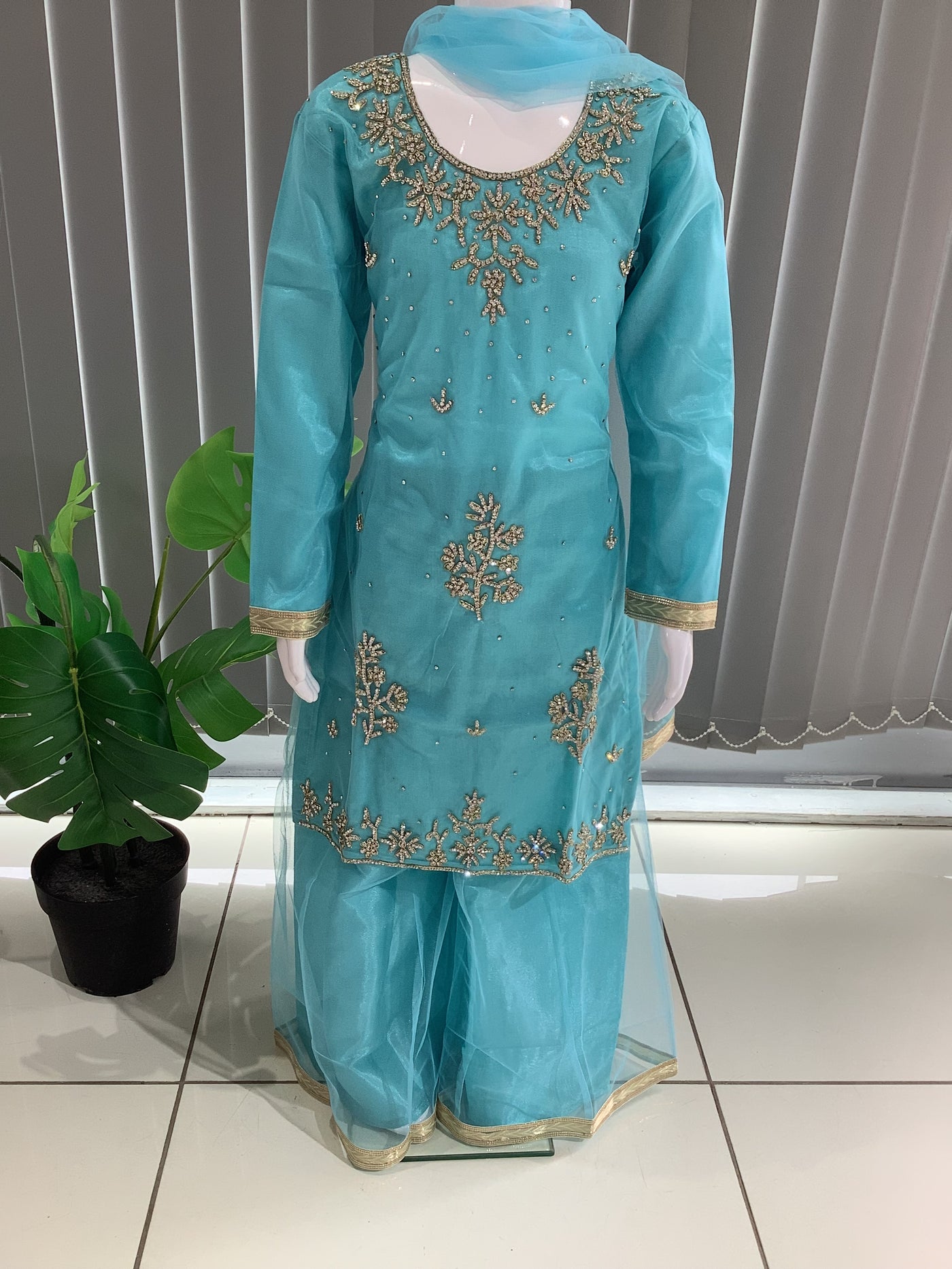 ASHA | Embroidered Hand Work Kids Ready To Wear Feroze Blue | AS61