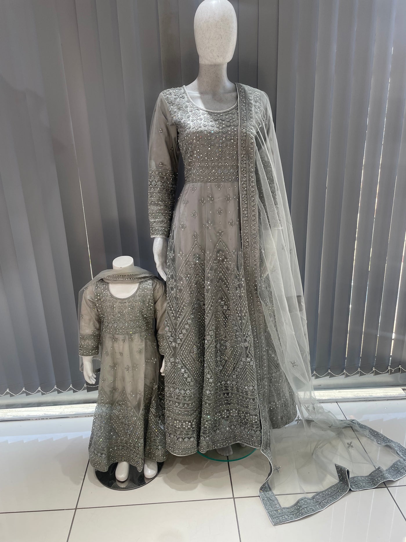 ASHA | Embroidered Net Mother & Daughter Ready To Wear Grey | AS73