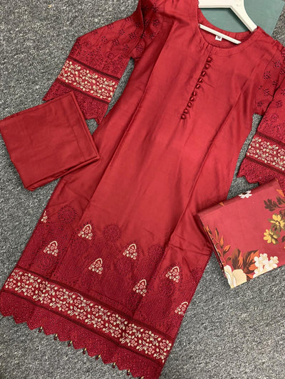 S Creations ‘Kaia’ | Embroidered Dhanak Readymade | SC152 (Maroon)