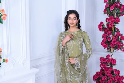 S Creations ‘Maya’ | Embroidered Net Formal Readymade | SC134 (Khaki Green)