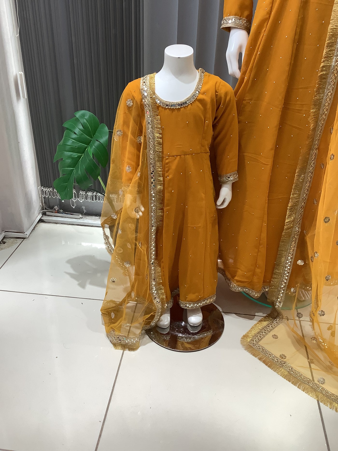 ASHA | Embroidered Chiffon Dress Mother & Daughter Readymade Mustard | AS63