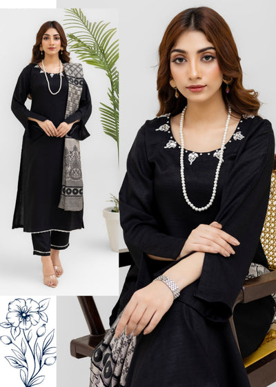 Black Embroidered Dhanak Wool Shawl Readymade | RGZ009