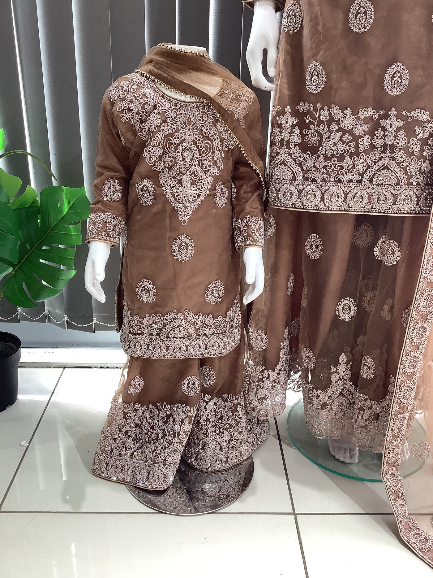 ASHA | Embroidered Net Dori Work Mother & Daughter Dress Ready To Wear Light Brown| AS66