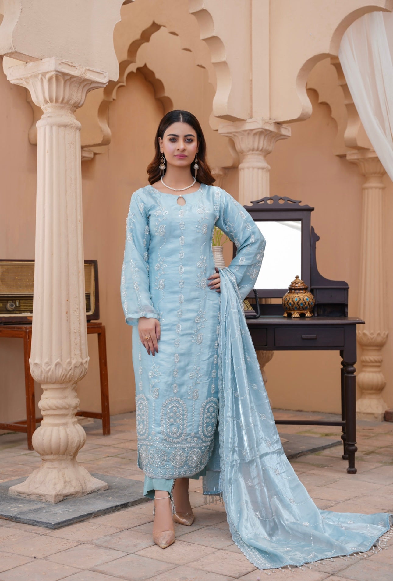 S Creations ‘Eliza’ | Embroidered Silk Readymade | SC119 (Light Blue)