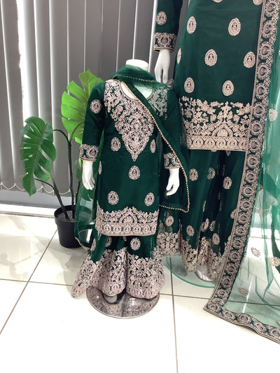 ASHA | Embroidered Net Dori Work Mother & Daughter Dress Ready To Wear Green| AS66