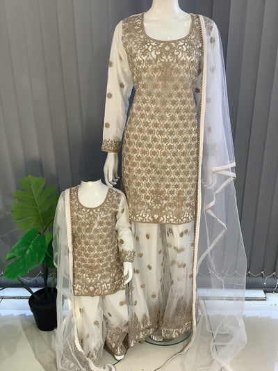 ASHA | Embroidered Net Mother & Daughter Ready To Wear White | AS72