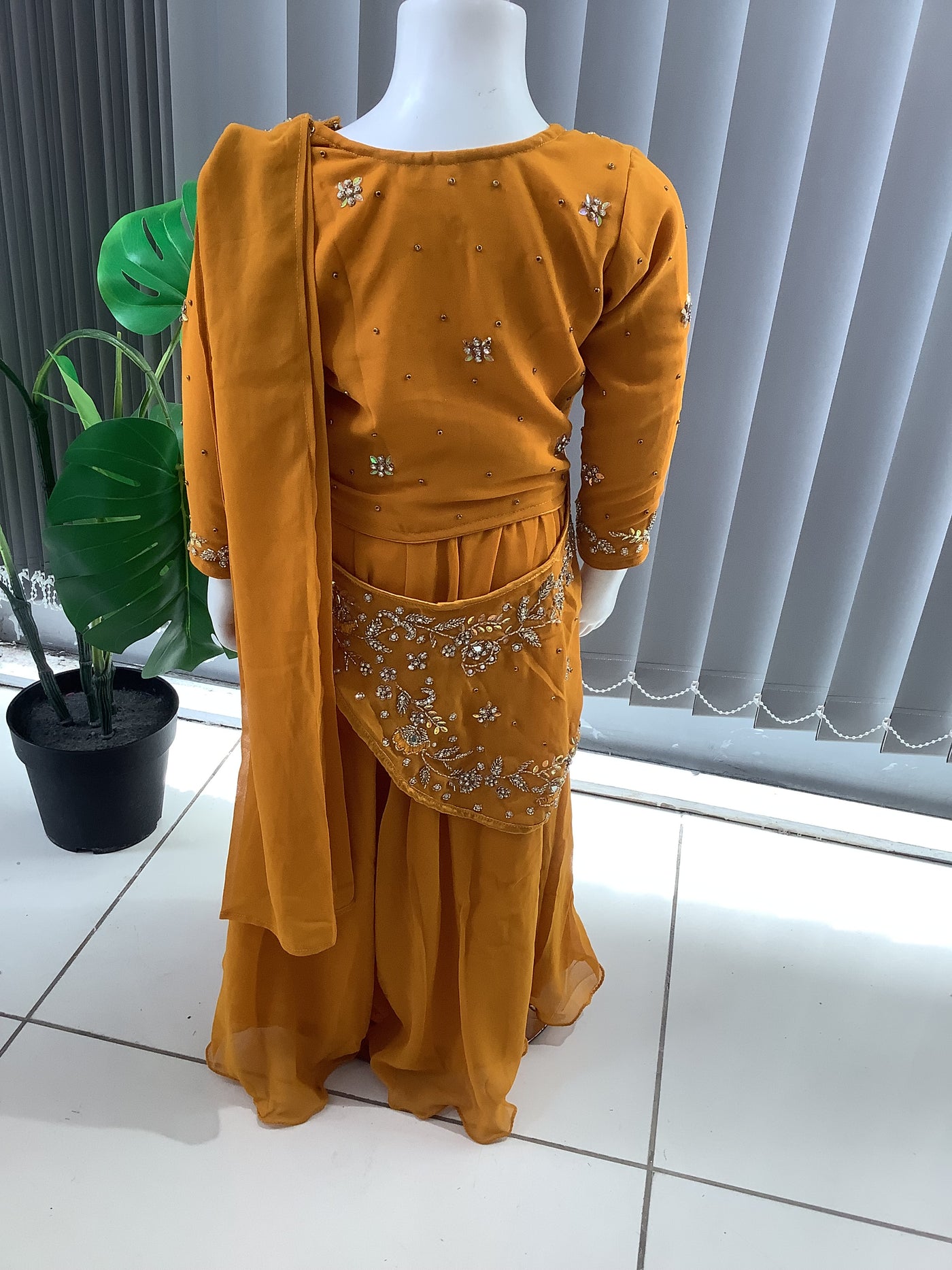 ASHA | Embroidered Chiffon Saree Mother & Daughter Readymade Mustard | AS55