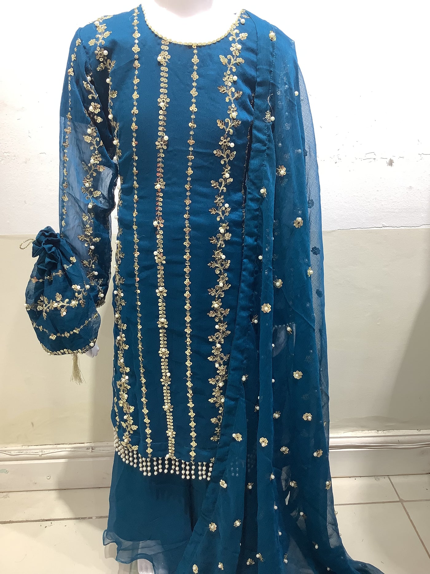 S Creations | Embroidered Chiffon Mother & Daughter Readymade | SC084 (Navy)