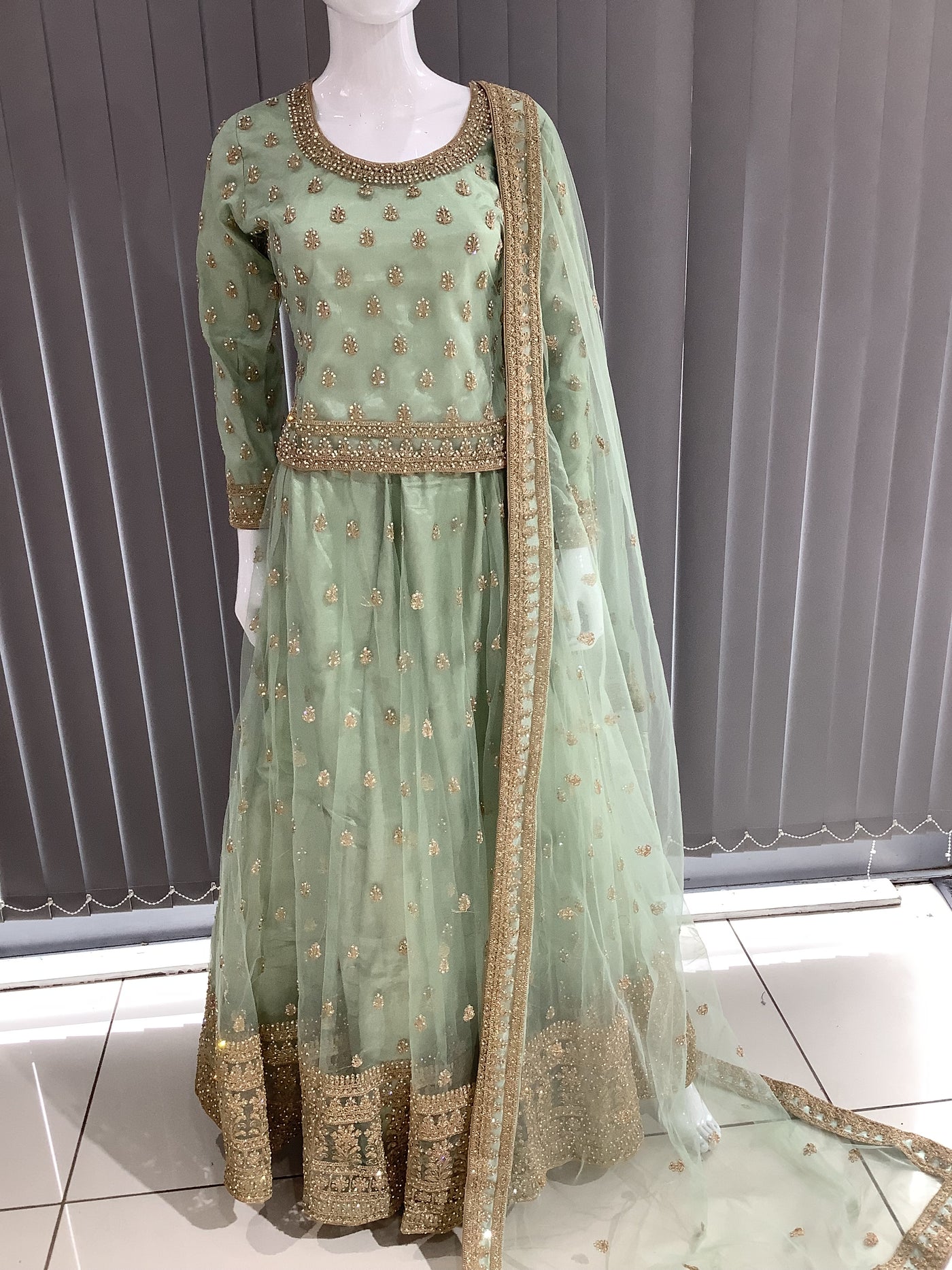 ASHA | Embroidered Net Dori Work Mother & Daughter Lehanga Choli Ready To Wear Mint | AS58