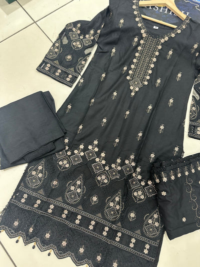 S Creations ‘Larisa’ | Embroidered Dhanak Readymade | SC150 (Black)