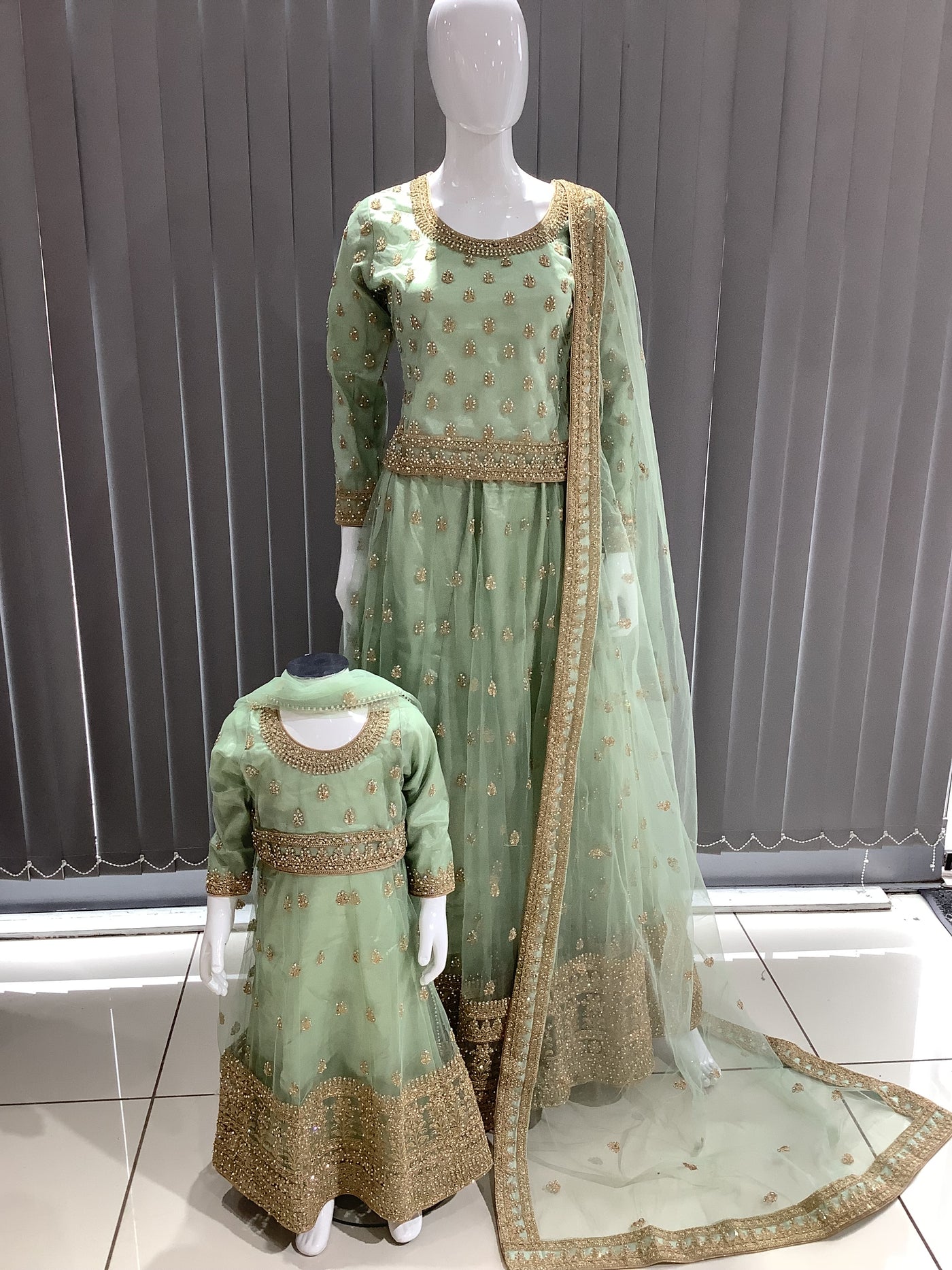 ASHA | Embroidered Net Dori Work Mother & Daughter Lehanga Choli Ready To Wear Mint | AS58